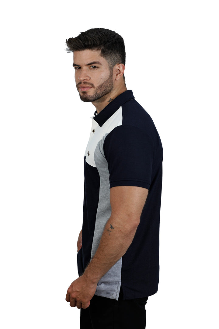 Grupo luthier lado 1 camiseta tipo polo combinada para hombre color marfil azul oscuro jaspe