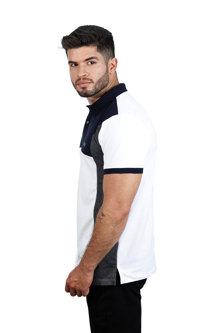 Grupo luthier lado 2 Camiseta tipo polo combinada para hombre color azul oscuro blanco cross
