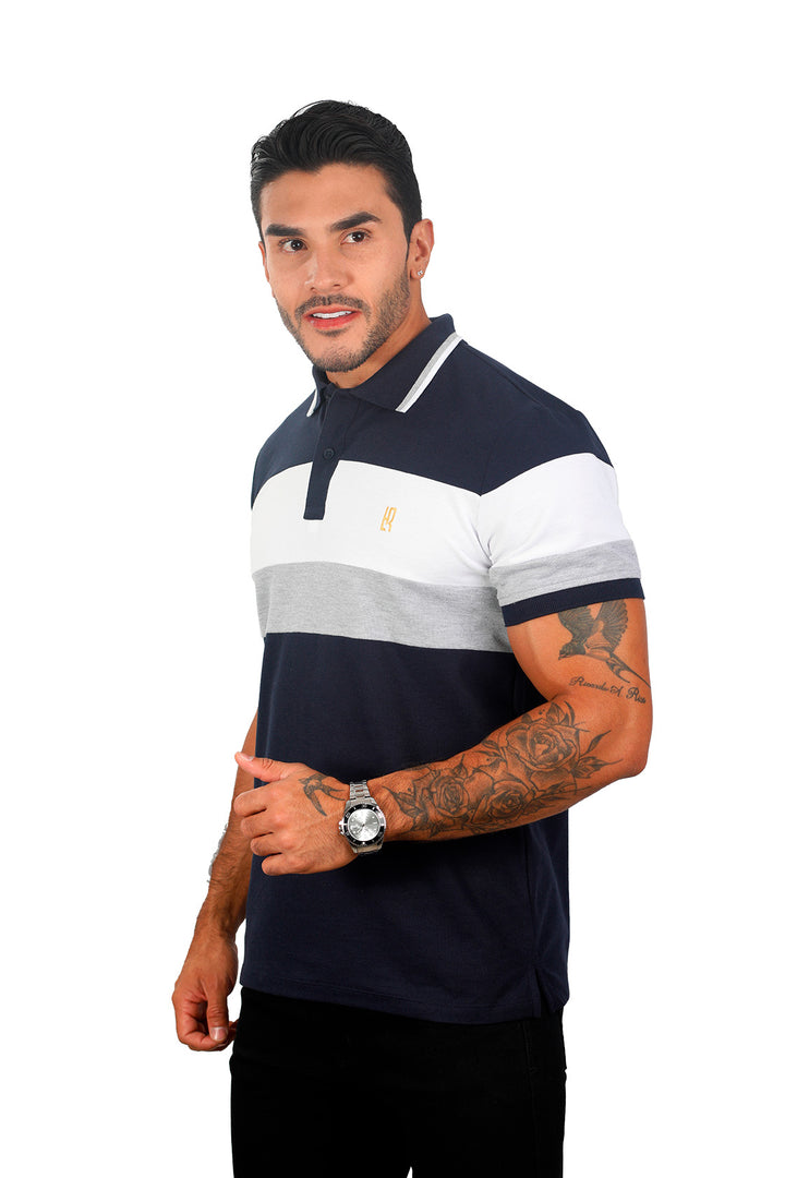 Grupo luthier lado 2 Camiseta tipo polo combinada para hombre color azul oscuro blanco jaspe