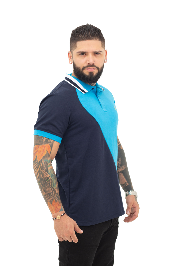 Grupo luthier frente Camiseta tipo polo combinada para hombre color azul oscuro turquesa