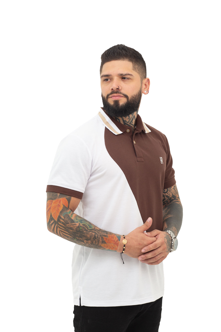 Grupo luthier lado 2  Camiseta tipo polo combinada para hombre color blanco cafe