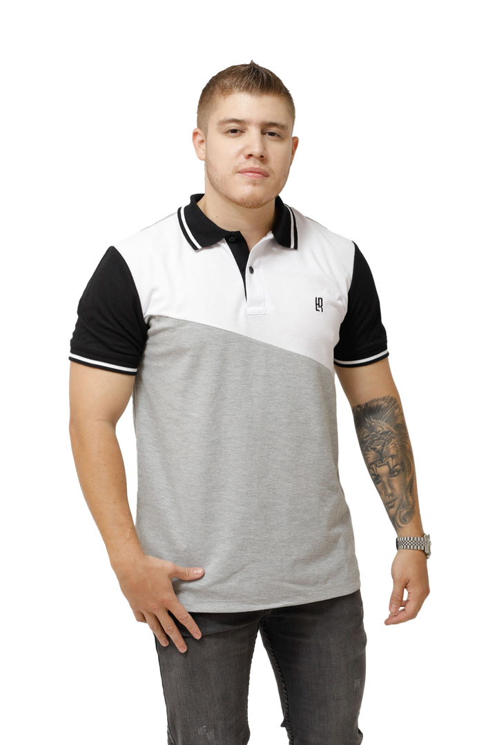 Grupo luthier lado 2 Camiseta tipo polo combinada para hombre color blanco jaspe negro