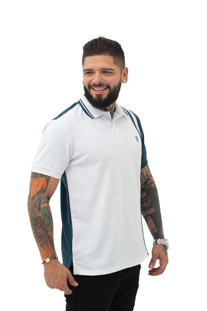 Grupo luthier lado 2 Camiseta tipo polo combinada para hombre color blanco petroleo