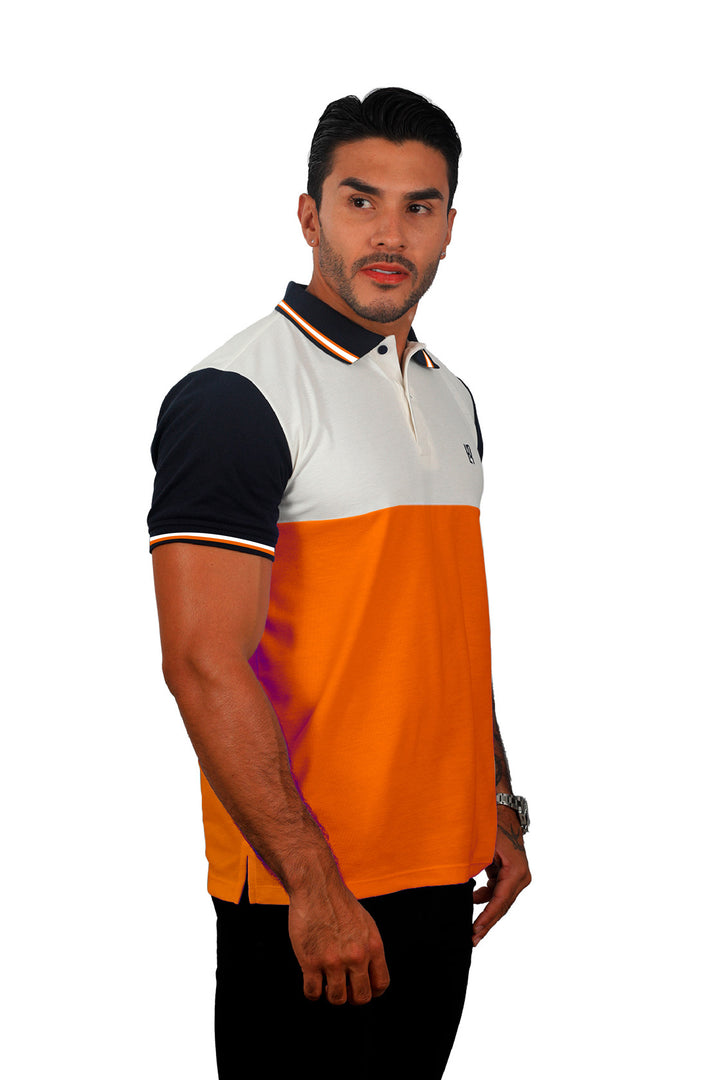 Grupo luthier lado 2 Camiseta tipo polo combinada para hombre color marfil azul oscuro terracota