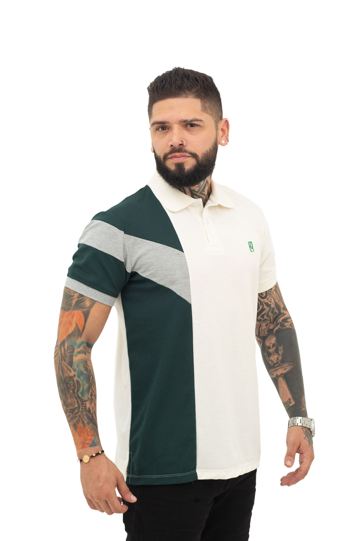 Grupo luthier lado 2 Camiseta tipo polo combinada para hombre color marfil verde botella jaspe