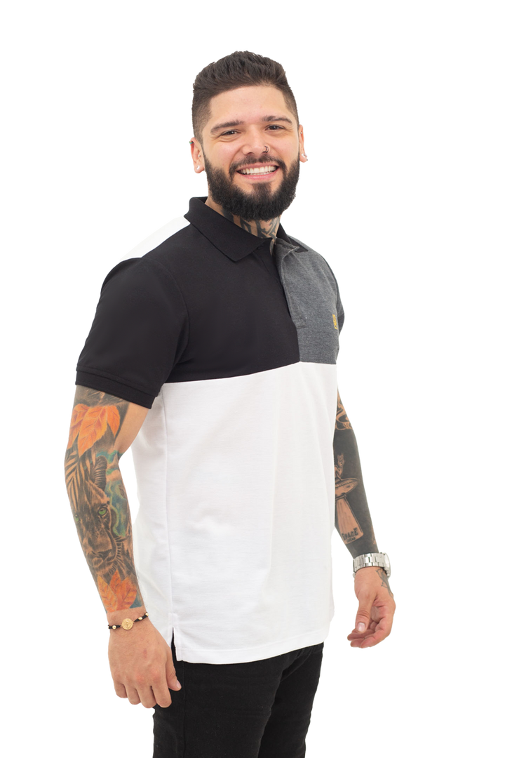 Grupo luthier lado 2 Camiseta tipo polo combinada para hombre color negro cross blanco