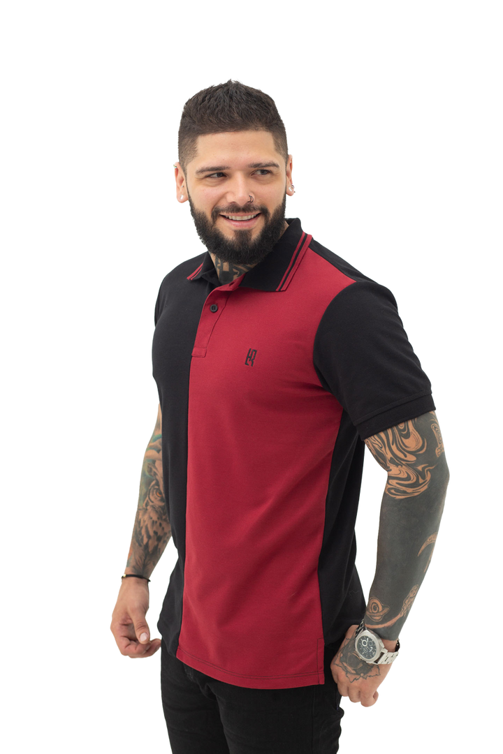 Grupo luthier lado 2 Camiseta tipo polo combinada para hombre color negro vinotinto