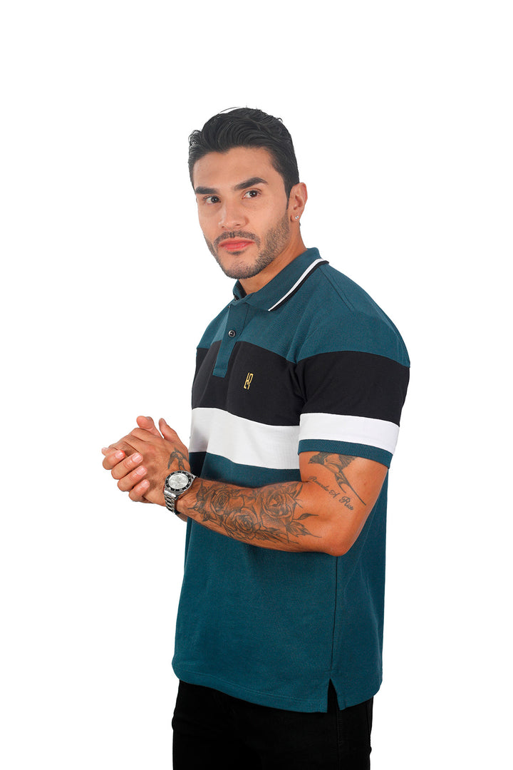 Grupo luthier lado 2 Camiseta tipo polo combinada para hombre color petroleo negro blanco