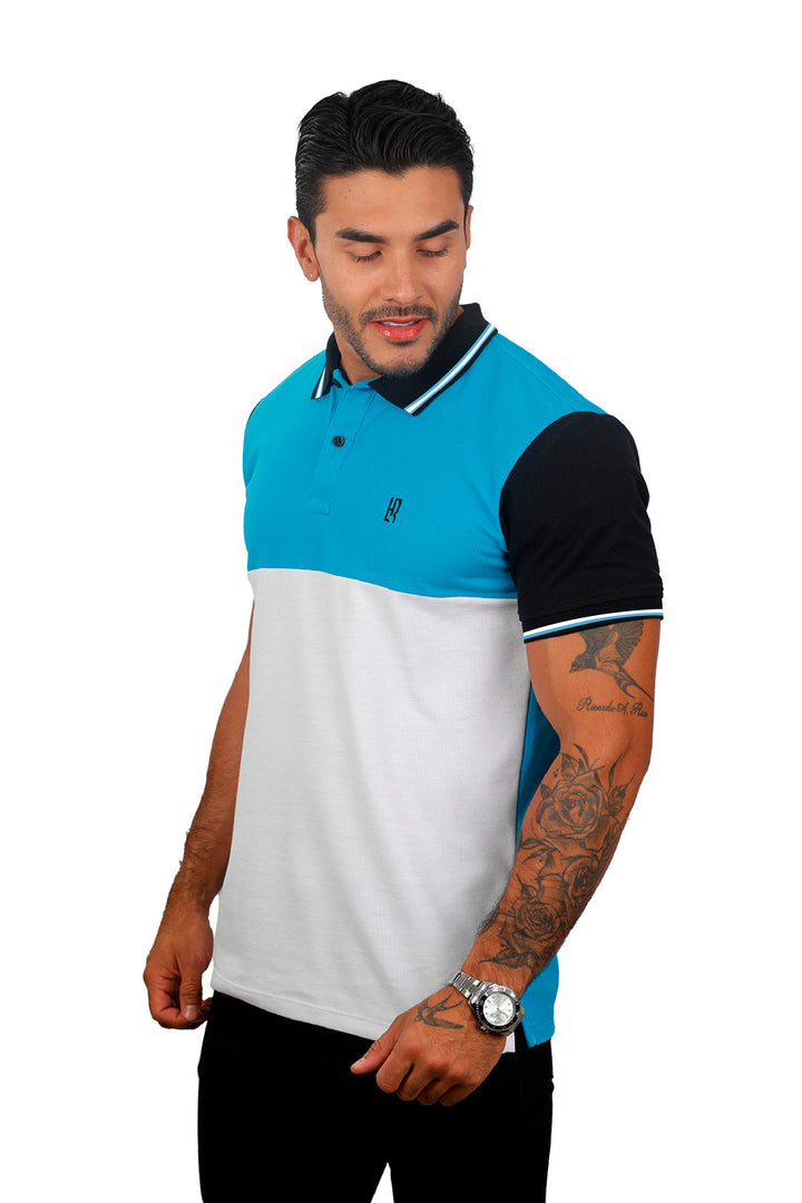 Camiseta tipo polo combinada para hombre color turquesa negro
