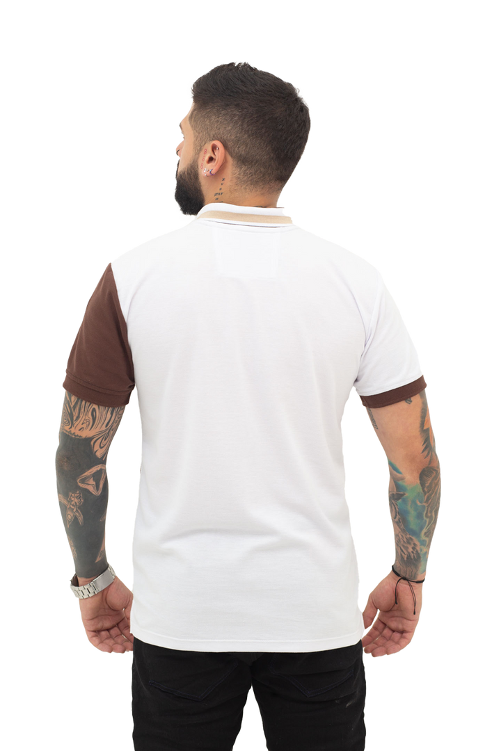 Grupo luthier lado 3 Camiseta tipo polo combinada para hombre color blanco cafe