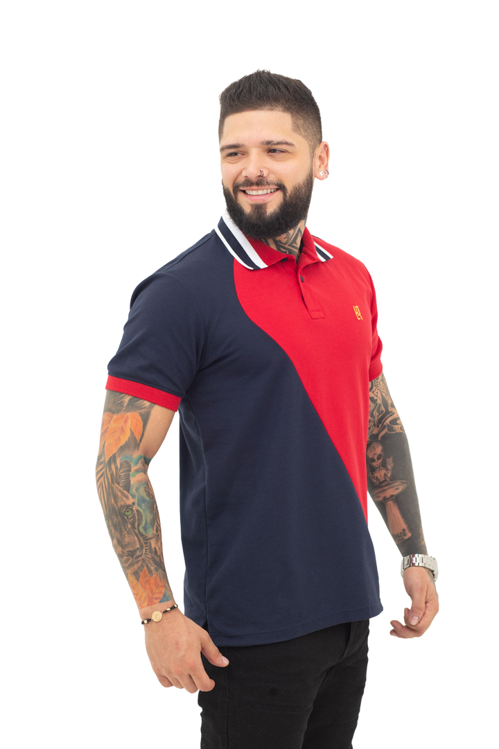Grupo luthier lado 1 Camiseta tipo polo combinada para hombre color azul oscuro rojo