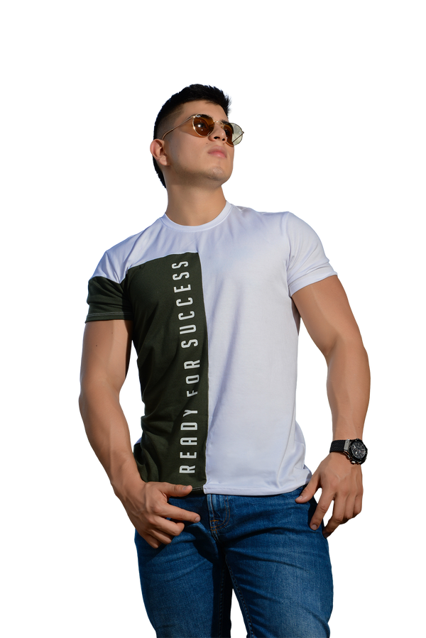 Camiseta cuello redondo T-shirt para hombre combinada color blanco verde botella