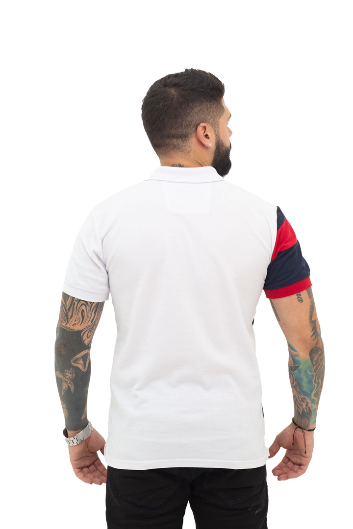 grupo luthier espalda Camiseta tipo polo combinada para hombre color blanco azul oscuro rojo