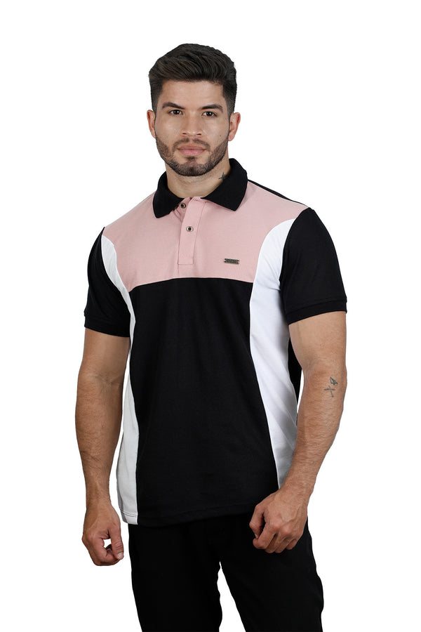 grupo luthier frente 1 Camiseta tipo polo combinada para hombre color guayaba negro blanco