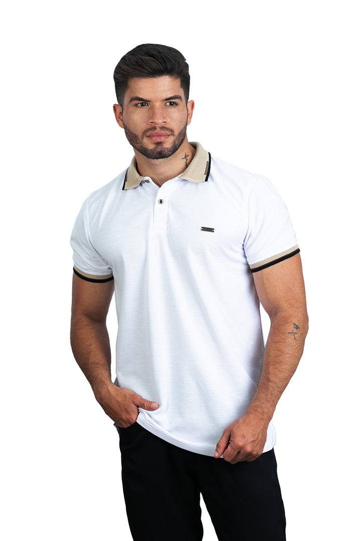 grupo luthier frente  Camiseta tipo polo básica para hombre con cuellos y puños en Jacquard color blanco