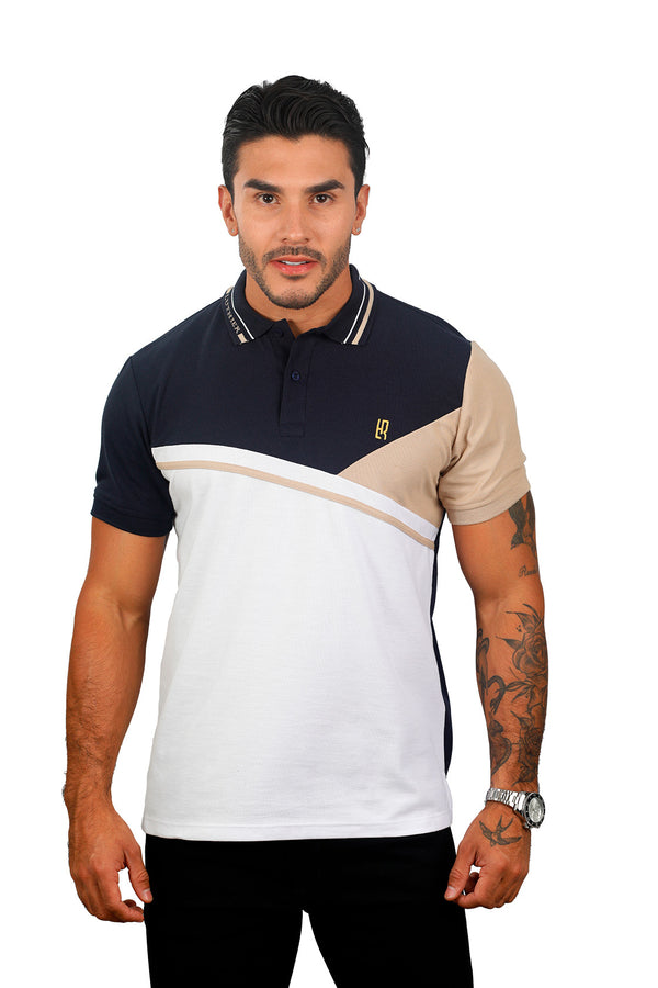 grupo luthier frente Camiseta tipo polo combinada para hombre color azul oscuro caqui blanco