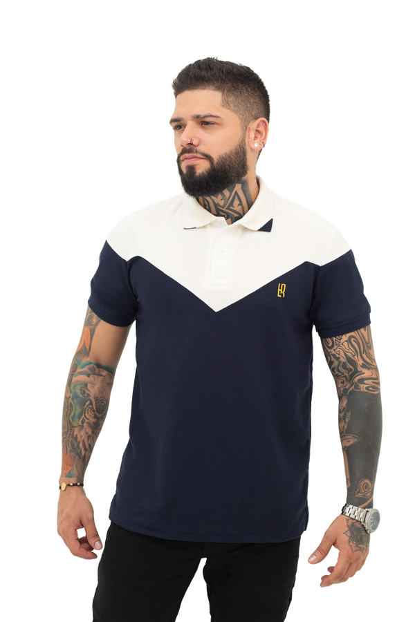 grupo luthier frente Camiseta tipo polo combinada para hombre color azul oscuro marfil