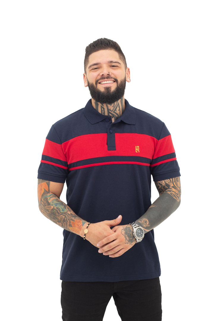 grupo luthier frente Camiseta tipo polo combinada para hombre color azul oscuro rojo