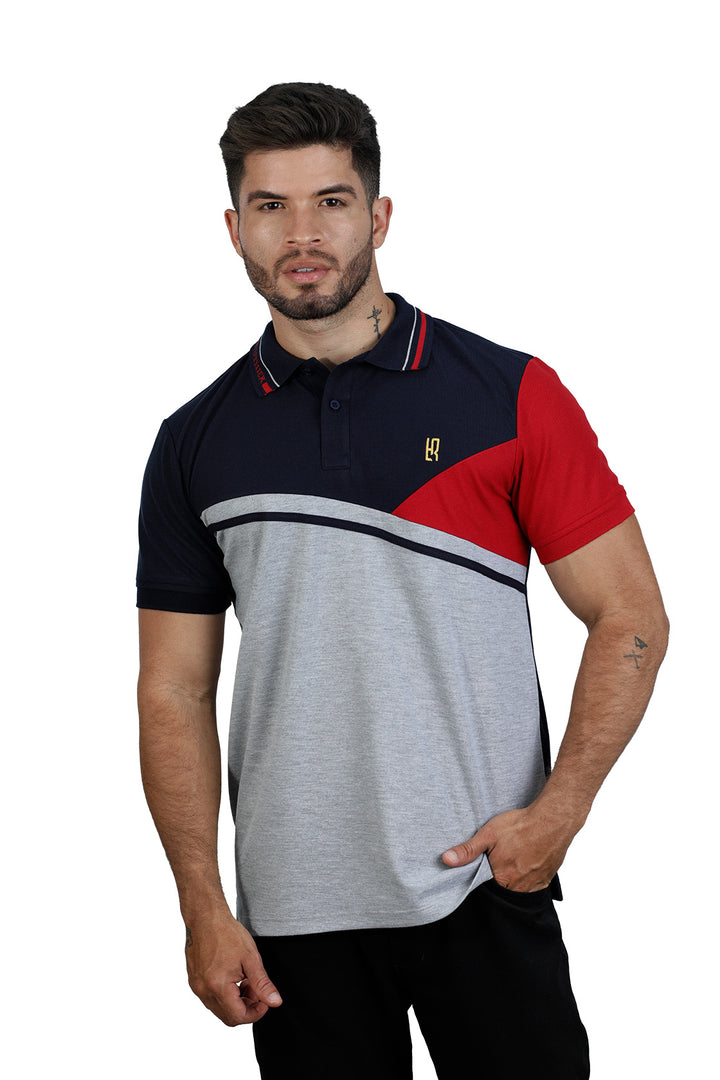 grupo luthier frente Camiseta tipo polo combinada para hombre color azul oscuro rojo jaspe