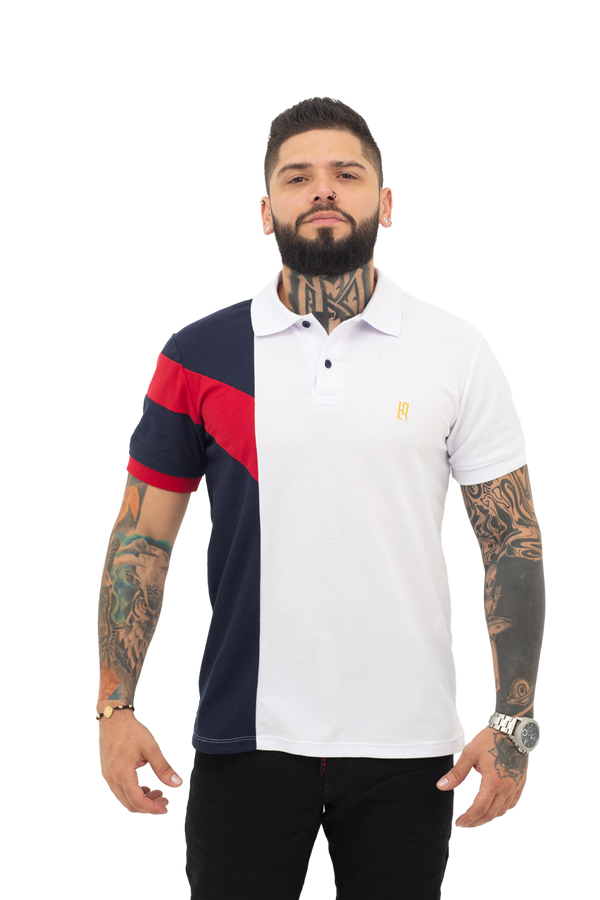 grupo luthier frente Camiseta tipo polo combinada para hombre color blanco azul oscuro rojo