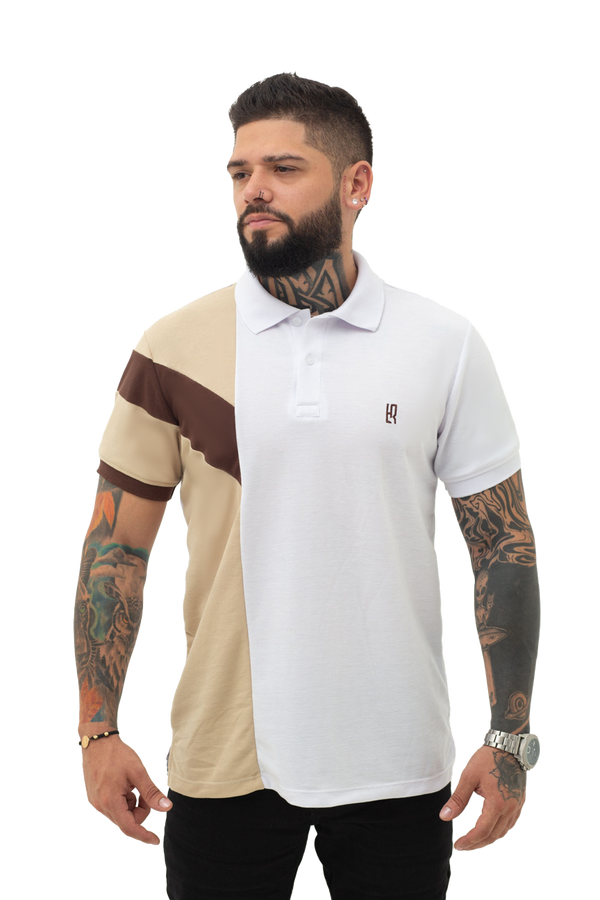 grupo luthier frente Camiseta tipo polo combinada para hombre color blanco caqui cafe