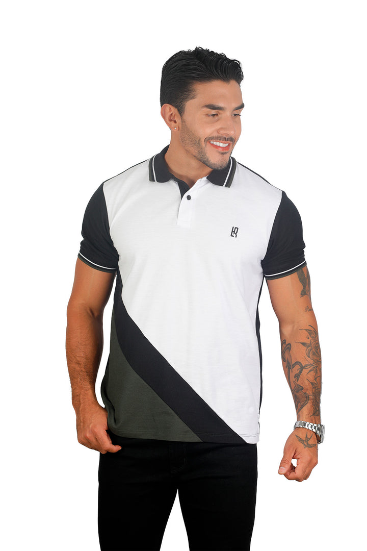 grupo luthier frente Camiseta tipo polo combinada para hombre color blanco negro militar