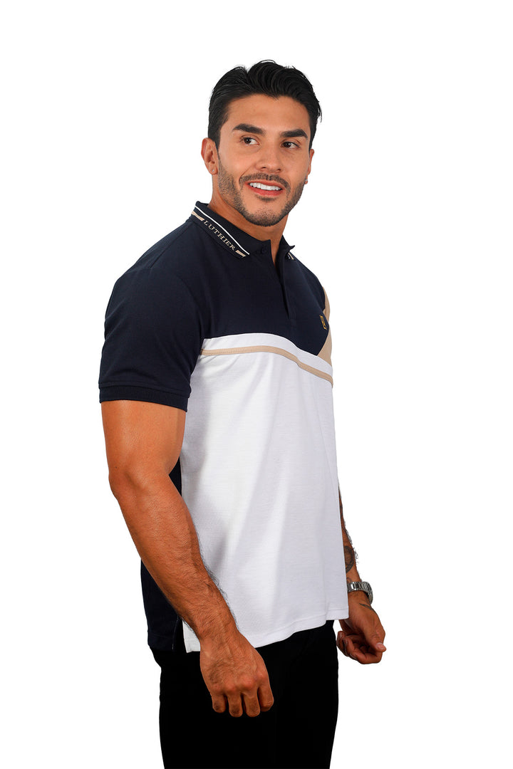 grupo luthier lado 1 Camiseta tipo polo combinada para hombre color azul oscuro caqui blanco