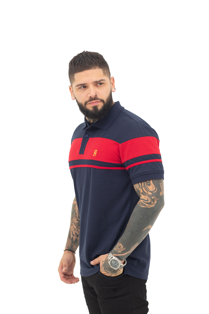 grupo luthier lado 1 Camiseta tipo polo combinada para hombre color azul oscuro rojo