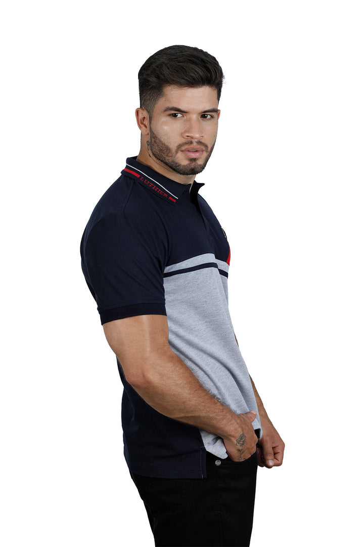 grupo luthier lado 1 Camiseta tipo polo combinada para hombre color azul oscuro rojo jaspe