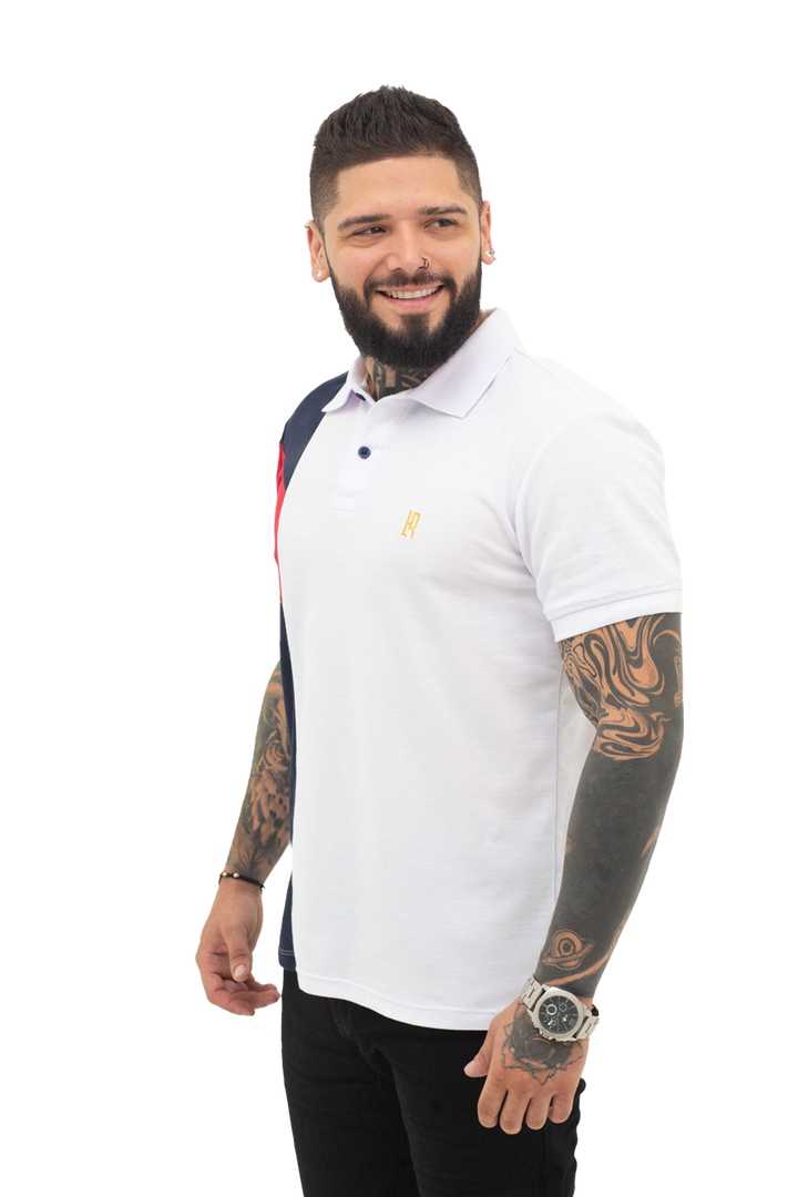 grupo luthier lado 1 Camiseta tipo polo combinada para hombre color blanco azul oscuro rojo