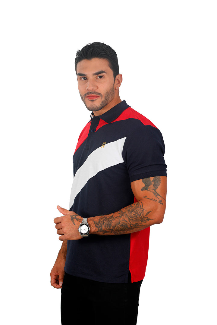 Camiseta tipo polo combinada para hombre color rojo azul oscuro blanco