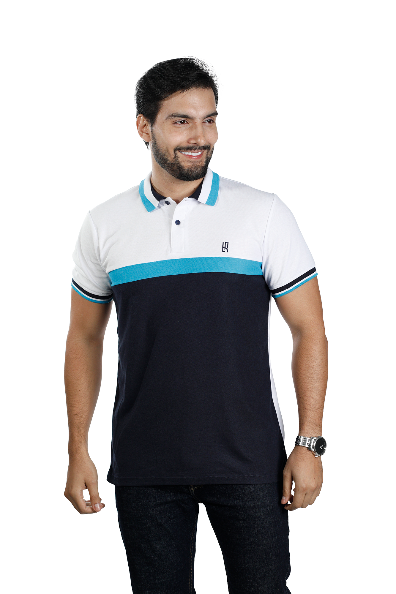 Camiseta tipo polo combinada para hombre color blanco turquesa