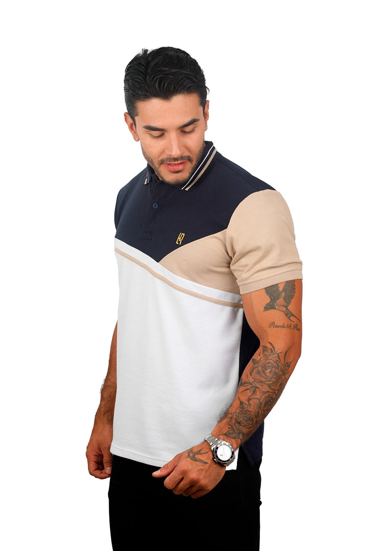grupo luthier lado 2 Camiseta tipo polo combinada para hombre color azul oscuro caqui blanco
