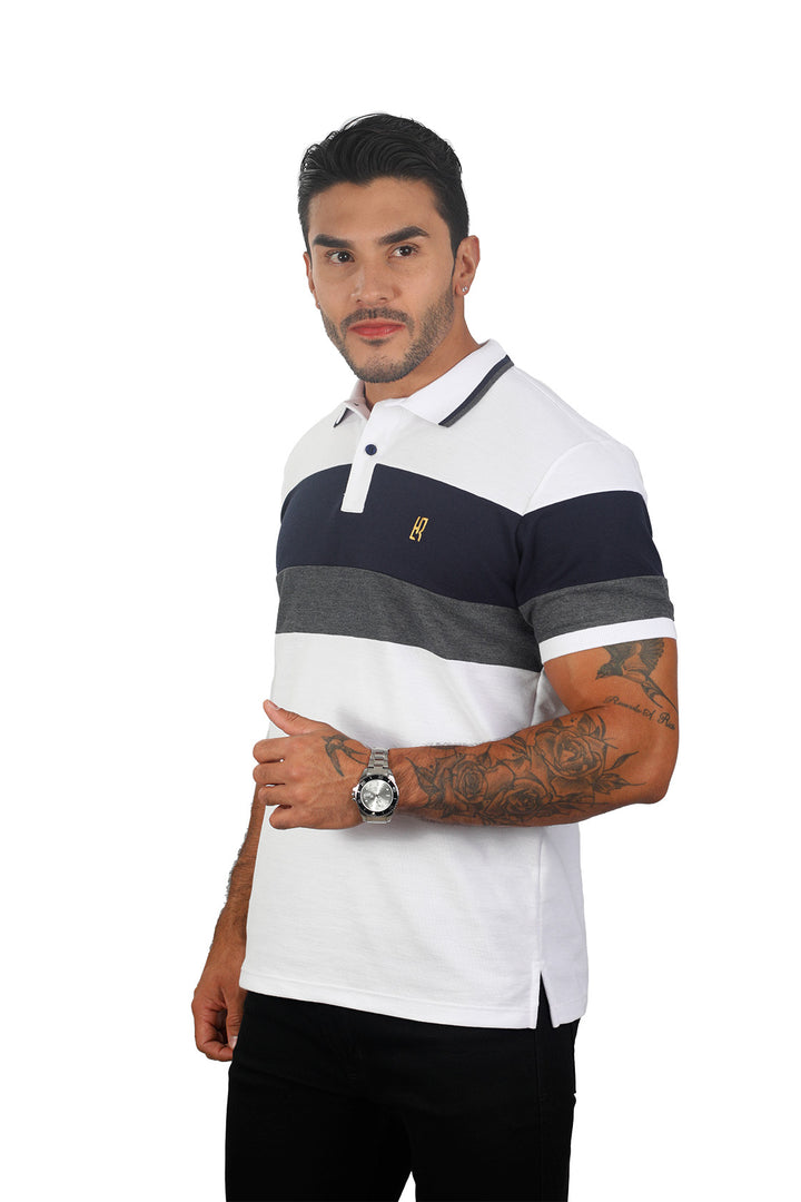 grupo luthier lado 2 Camiseta tipo polo combinada para hombre color blanco azul oscuro cross
