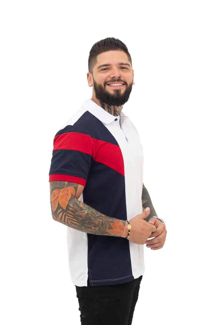 grupo luthier lado 2 Camiseta tipo polo combinada para hombre color blanco azul oscuro rojo