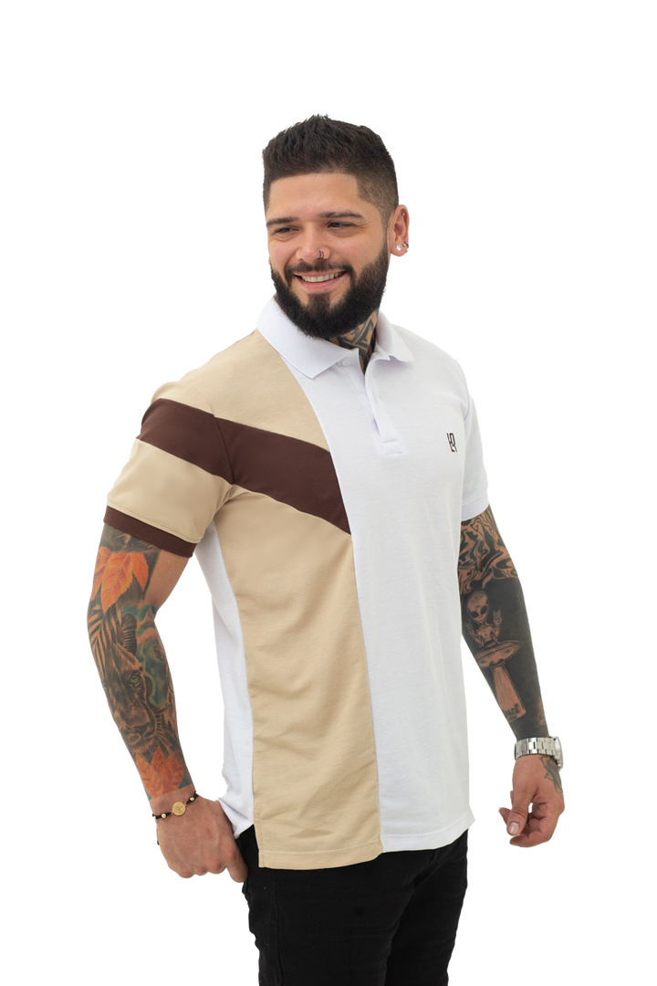 grupo luthier lado 2 Camiseta tipo polo combinada para hombre color blanco caqui cafe