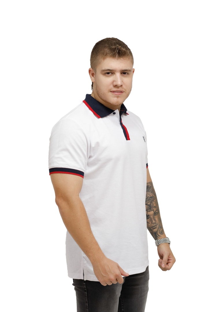 grupo luthier lado 2 Camiseta tipo polo combinada para hombre color blanco rojo