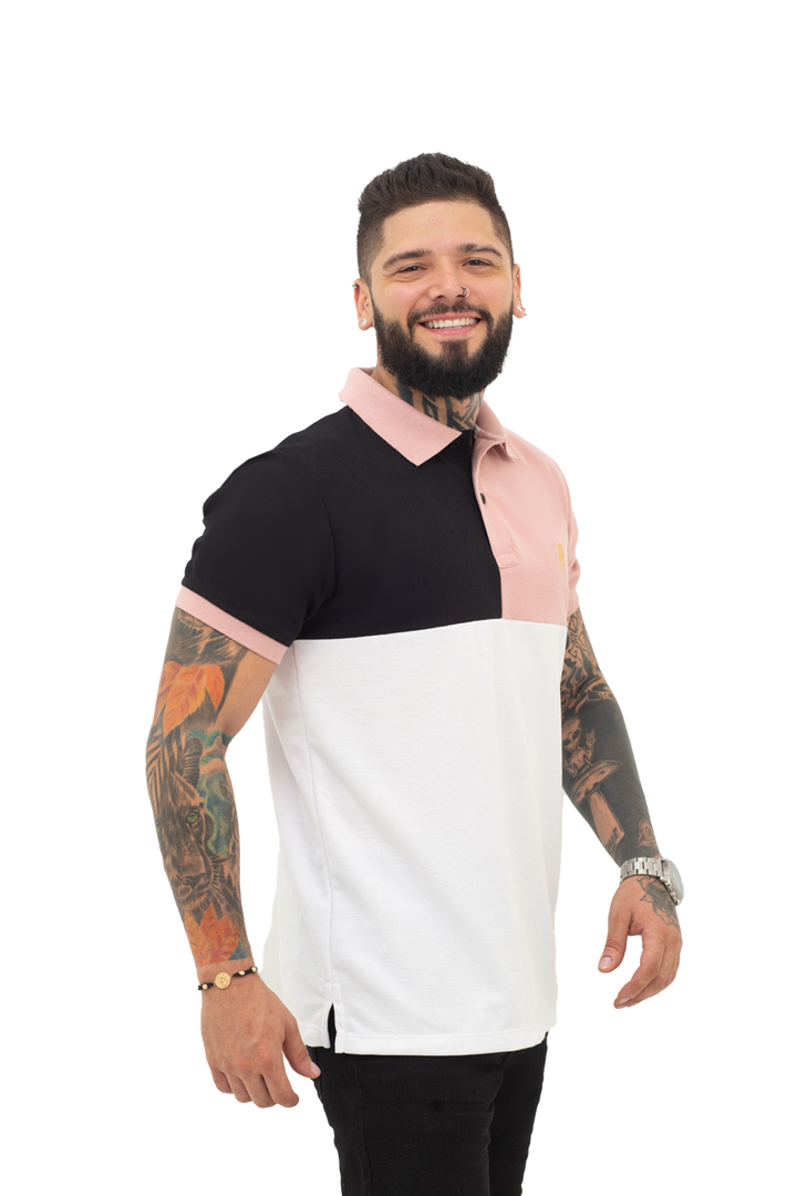 grupo luthier lado 2 Camiseta tipo polo combinada para hombre color negro guayaba blanco