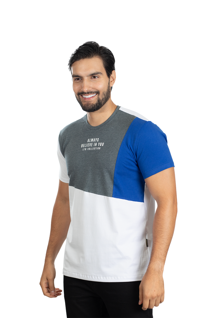 grupo luthier lado 3 Camiseta cuello redondo T-shirt para hombre combinada color Cross azul rey blanco