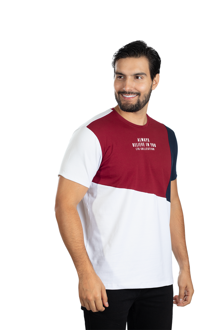 grupo luthier lado 3 Camiseta cuello redondo T-shirt para hombre combinada color Vinotinto azul oscuro blanco