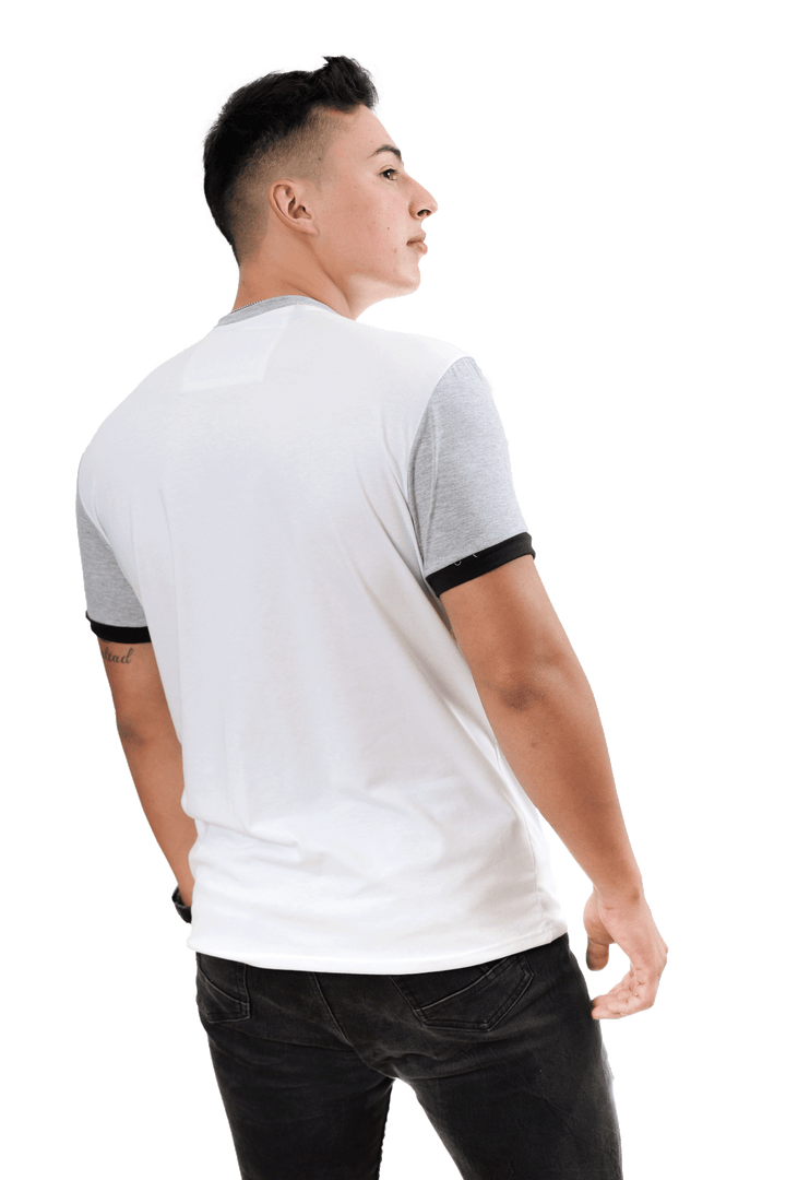 grupo luthier lado 3 Camiseta cuello redondo T-shirt para hombre combinada color blanco jaspe negro