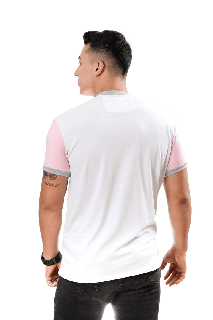 grupo luthier lado 3 Camiseta cuello redondo T-shirt para hombre combinada color blanco rosado jaspe