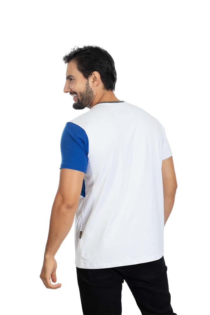 grupo luthier lado 3 Camiseta cuello redondo T-shirt para hombre combinada color Cross azul rey blanco