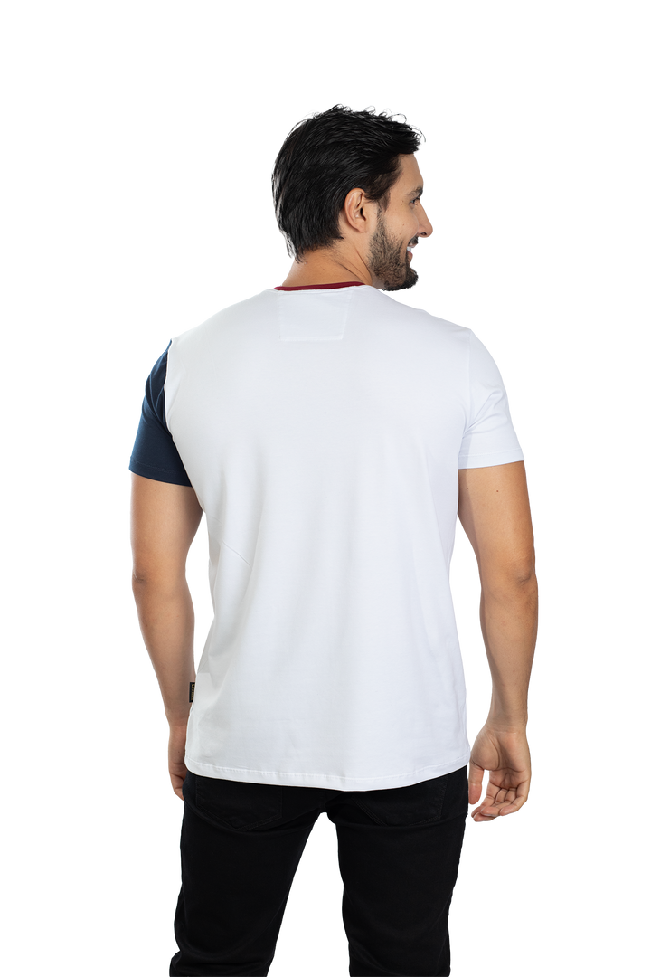 grupo luthier lado 4 Camiseta cuello redondo T-shirt para hombre combinada color Vinotinto azul oscuro blanco
