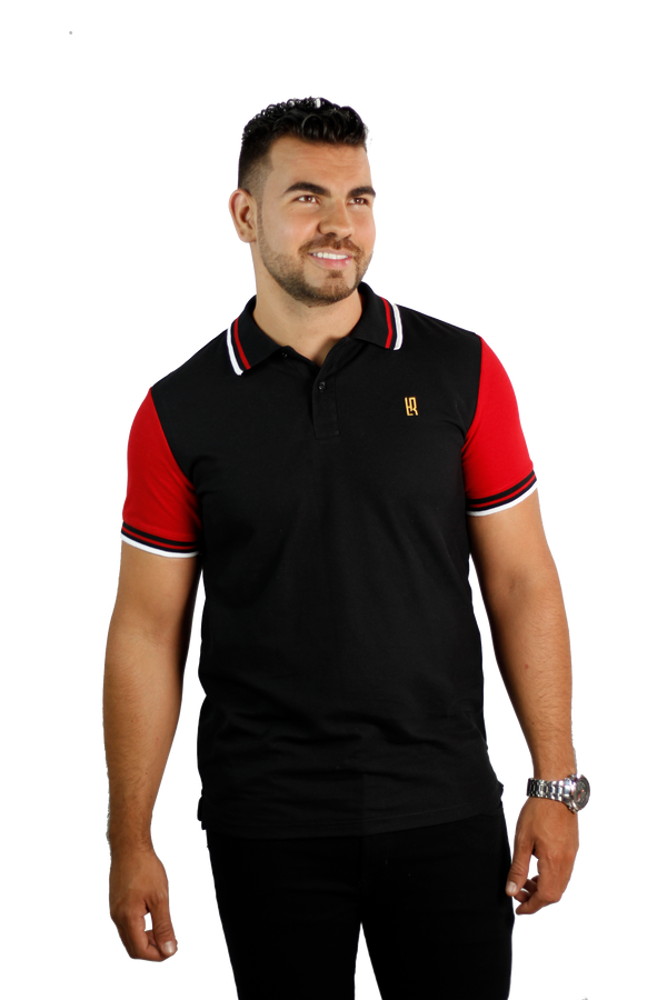 Camiseta tipo polo combinada para hombre color negro rojo cuello tricolor